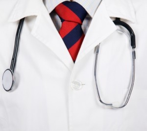 Close up of a doctors lab white coat.